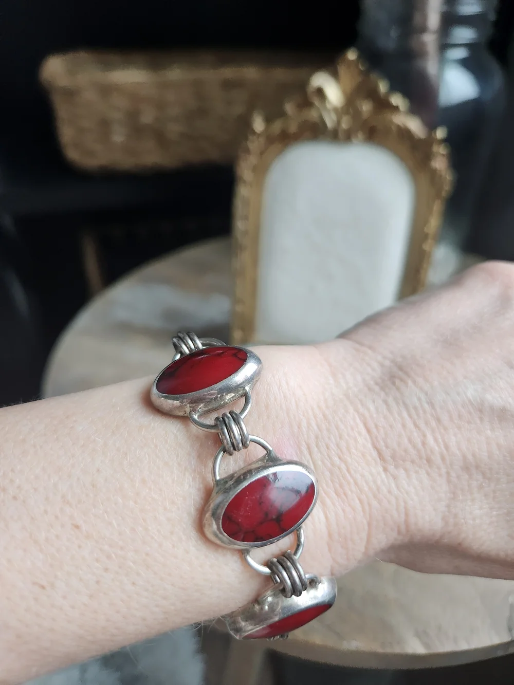 Vintage Red Jasper Sterling Bracelet Stamped Mexico 925 Link Women - Picture 8 of 10